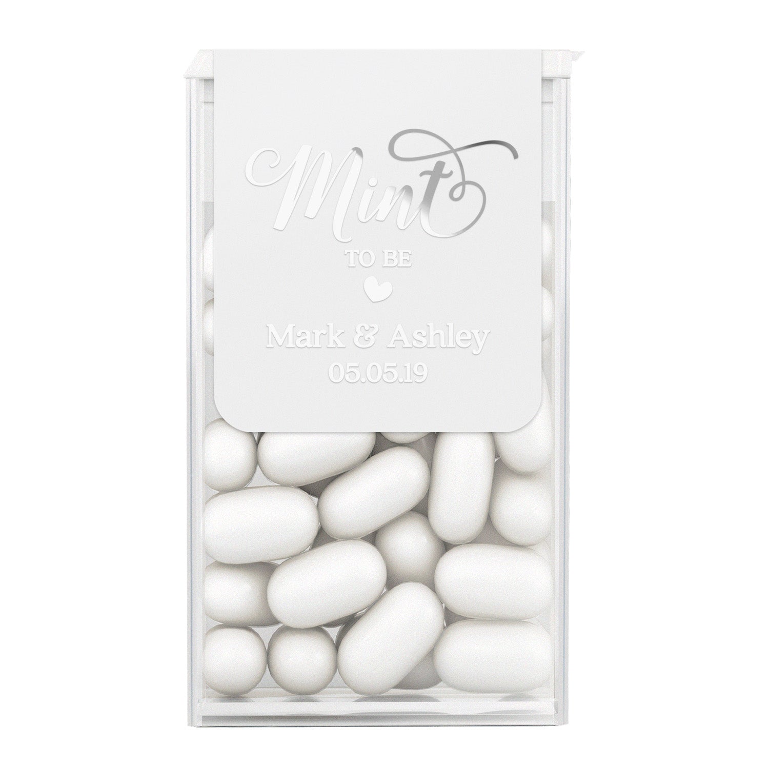 Personalized wedding mint favor label with silver foil text on white background, custom Tic Tac sticker for elegant reception or bridal party gifts.