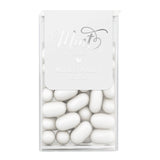 Personalized wedding mint favor label with silver foil text on white background, custom Tic Tac sticker for elegant reception or bridal party gifts.