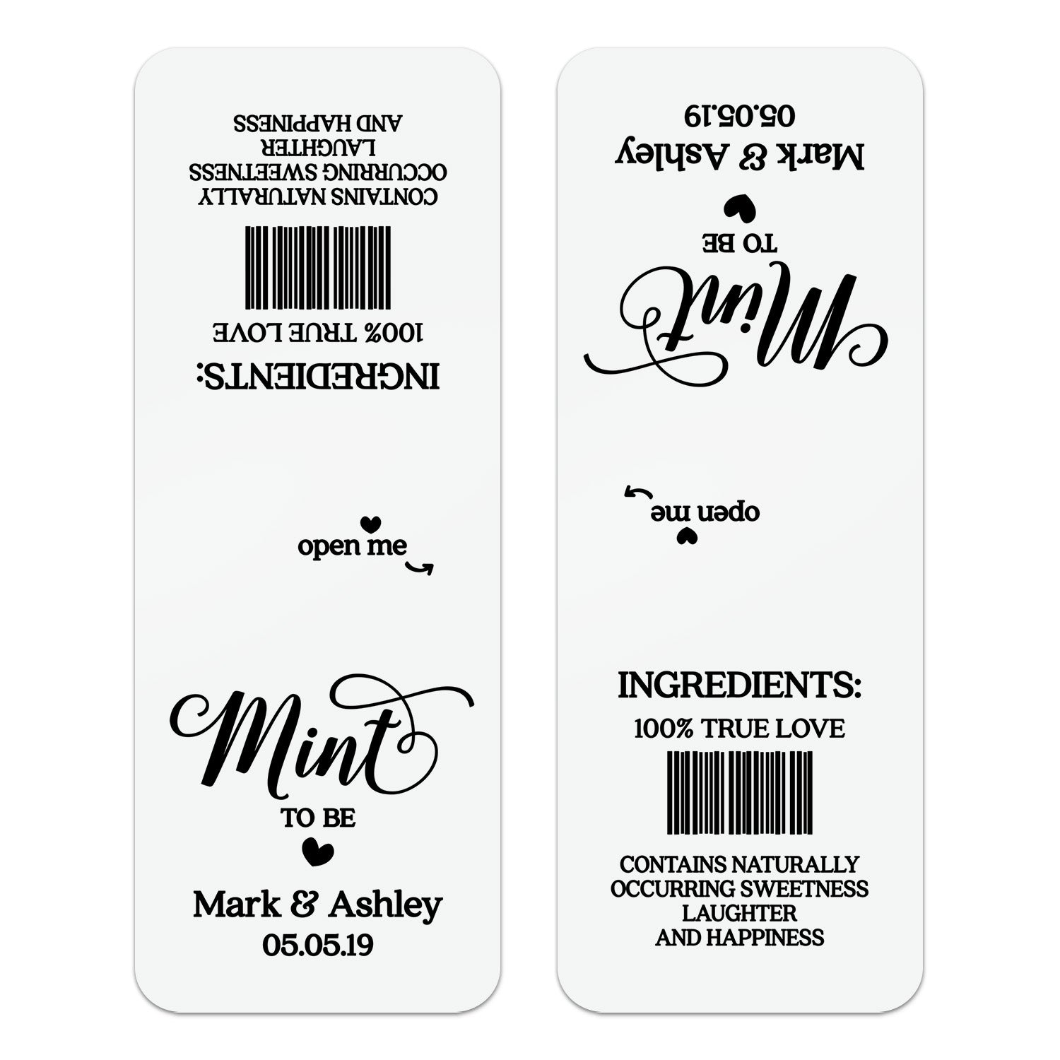 Minimalist black print personalized Mint To Be wedding favor label for Tic Tac mints, custom sticker design for elegant bridal party or reception gifts.