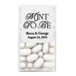 XOXOKristen personalized “Mint To Be” wedding Tic Tac sticker in elegant black script on white background, ideal for classic wedding favors and bridal shower gifts.