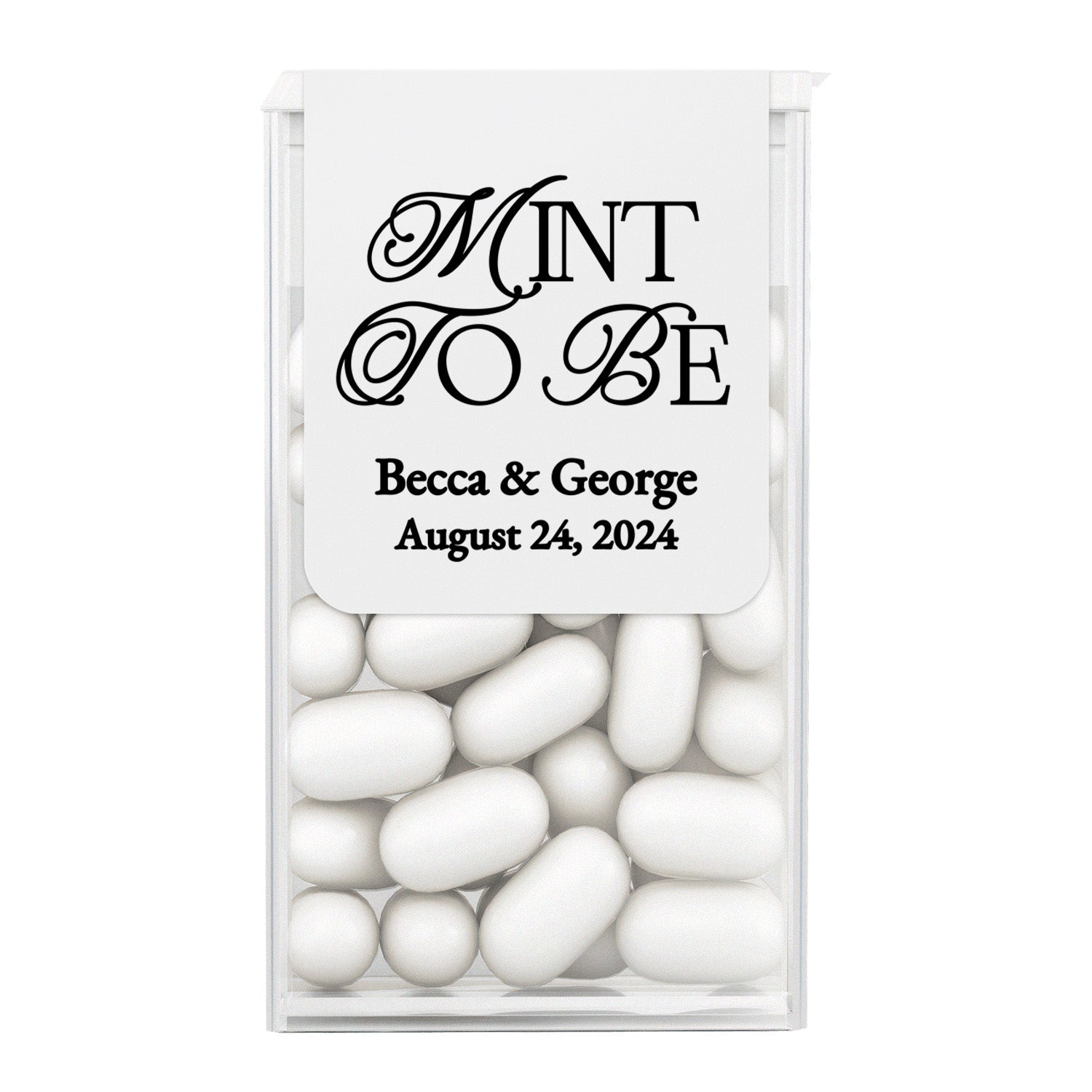 XOXOKristen personalized “Mint To Be” wedding Tic Tac sticker in elegant black script on white background, ideal for classic wedding favors and bridal shower gifts.