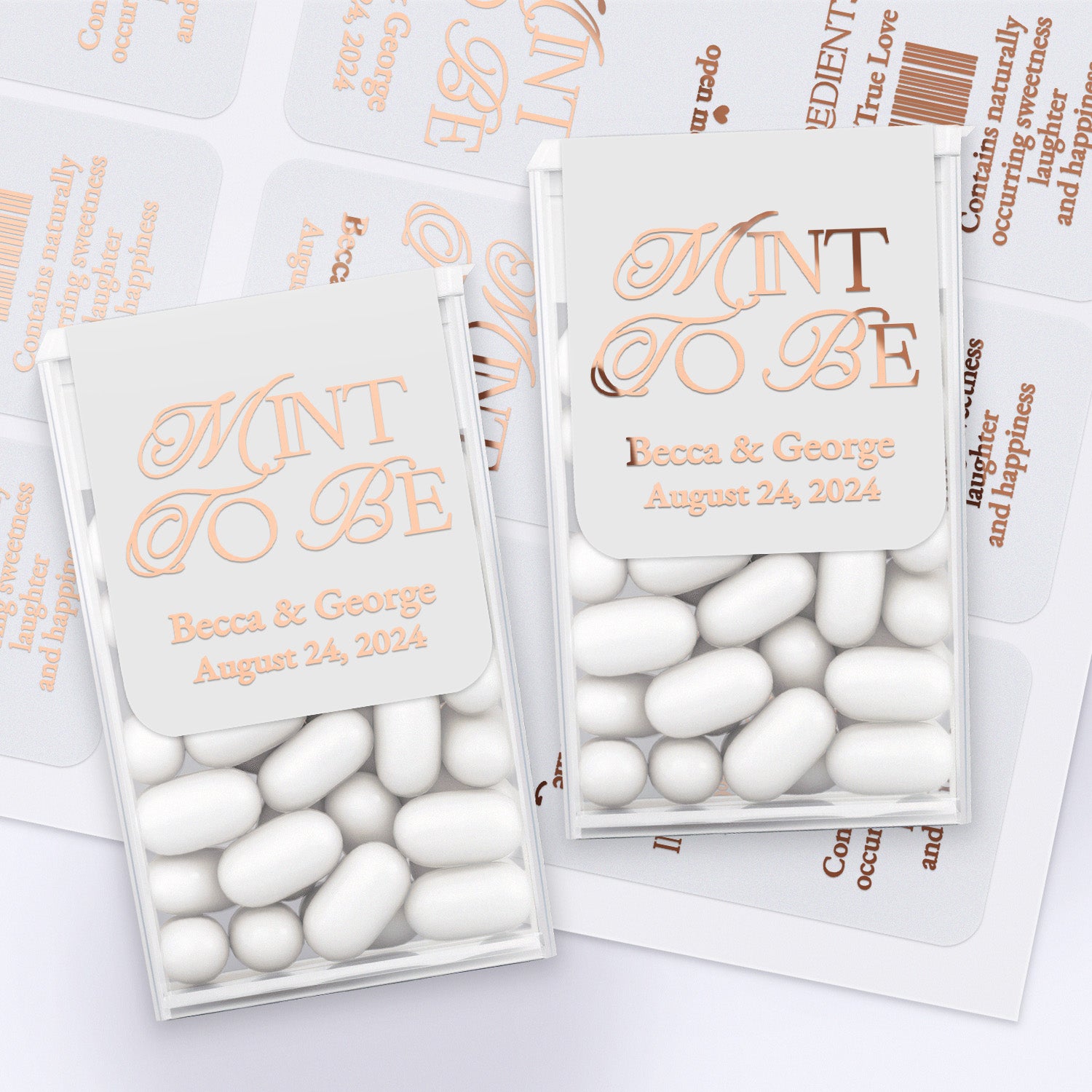XOXOKristen personalized “Mint To Be” Tic Tac label in rose gold foil, stylish wedding favor decoration for modern weddings, bridal showers, and engagement parties.
