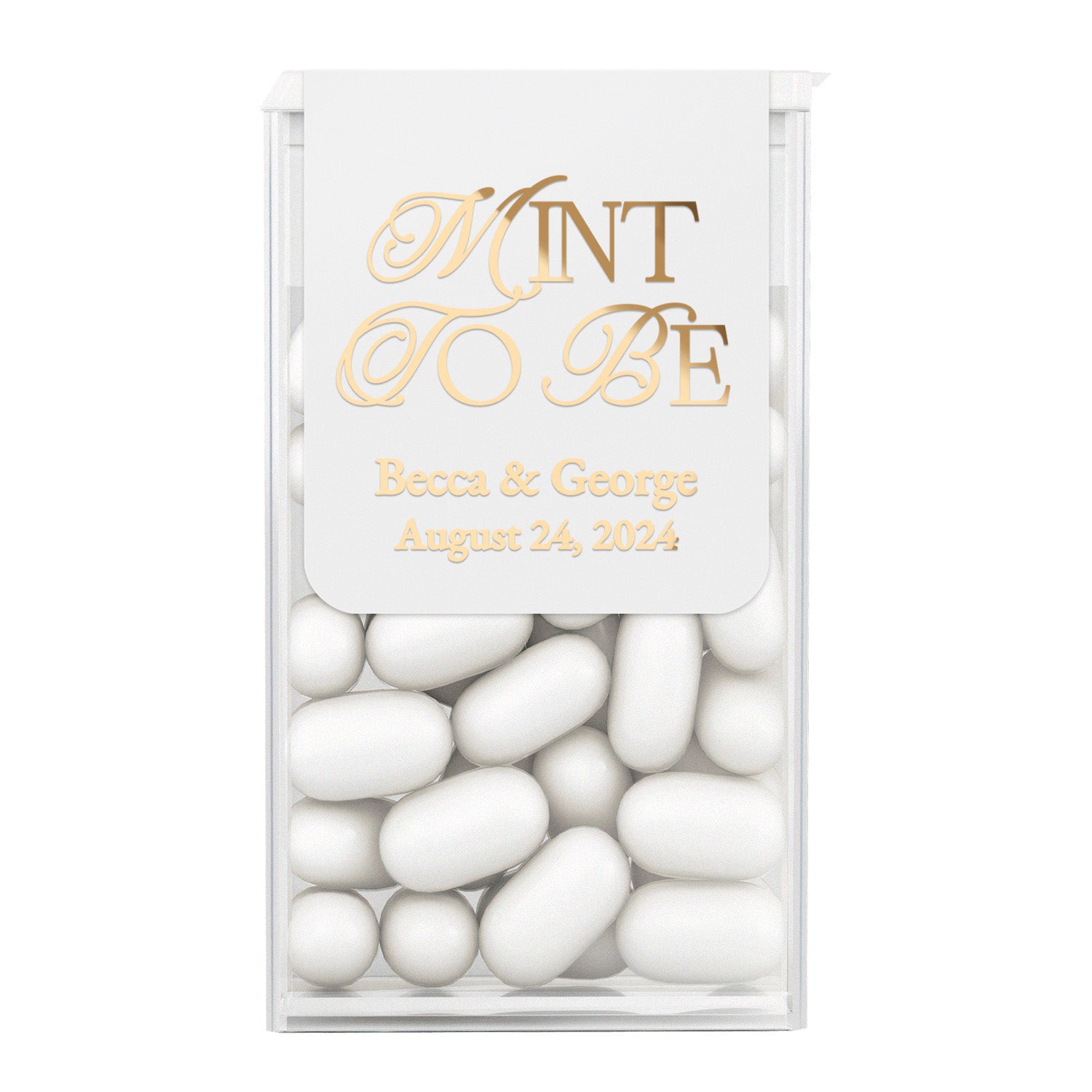 XOXOKristen custom Tic Tac wedding favor sticker in metallic gold foil, luxury design perfect for elegant wedding receptions and anniversary parties.