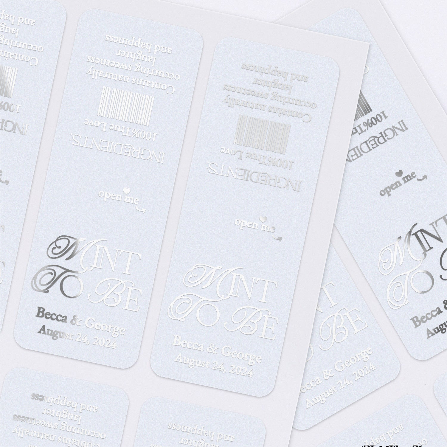 XOXOKristen wedding favor sticker sheet with “Mint To Be” labels in multiple foil finishes, ready for customizing Tic Tac boxes for weddings or engagement parties.