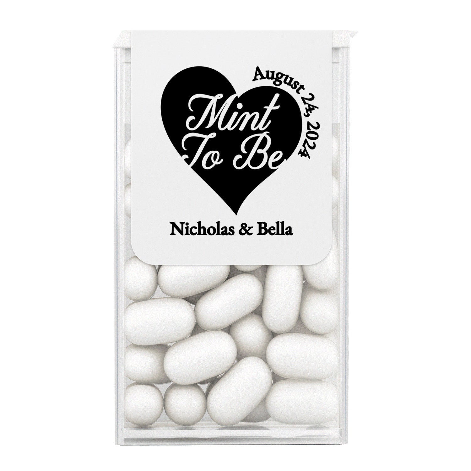 Personalized “Mint to Be” wedding Tic Tac label in black print, elegant heart design, customized sticker for wedding favors, bridal shower, anniversary party, XOXOKristen