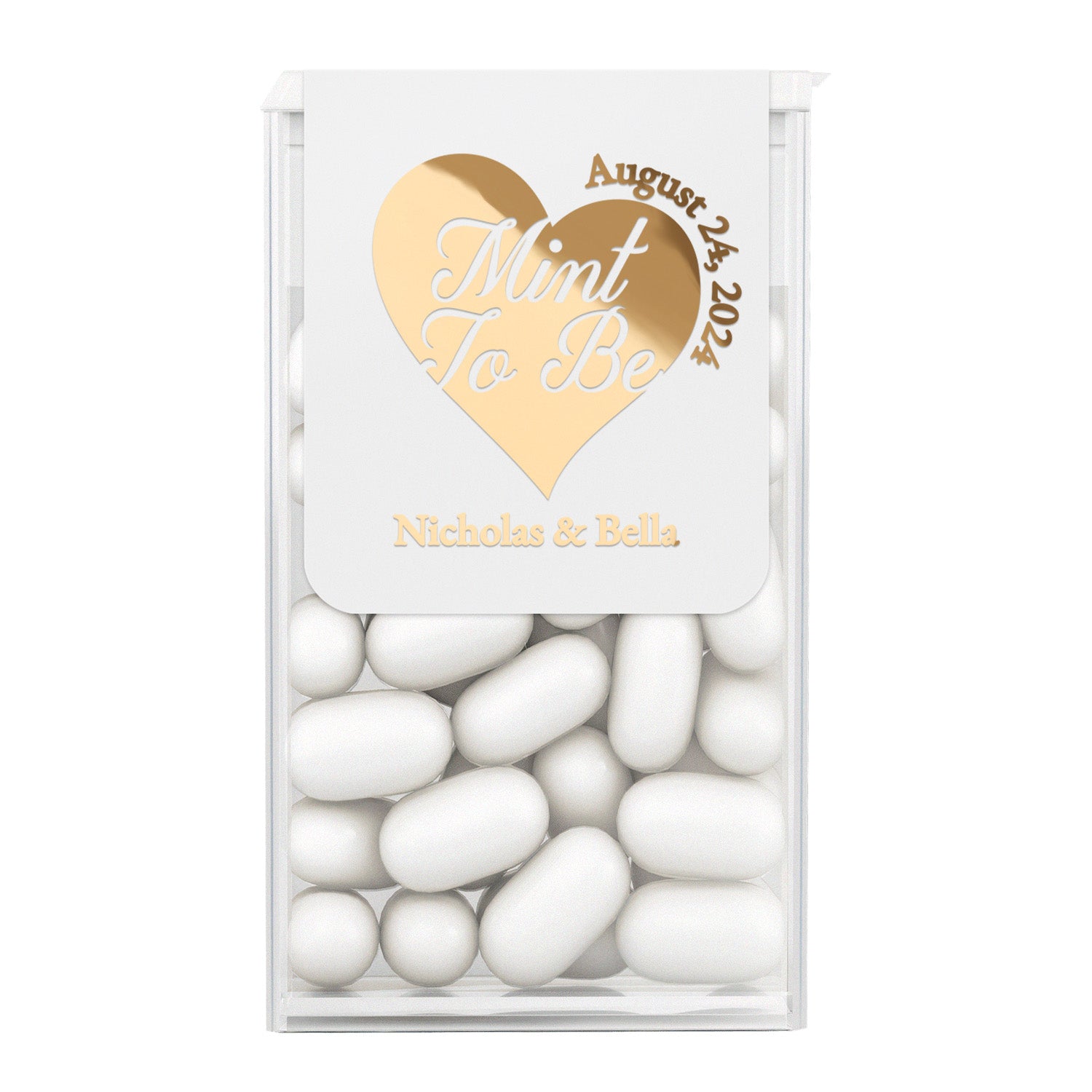Gold foil “Mint to Be” wedding Tic Tac sticker with gold foiled heart design, luxury personalized label for wedding favors and bridal showers, XOXOKristen