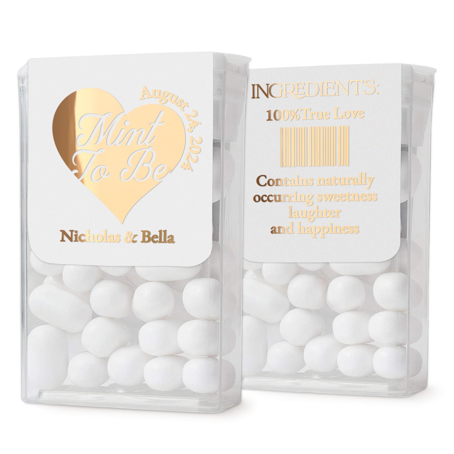 Custom personalized gold foiled mint to be wedding stickers for tic tacs with big bold heart, calligraphy stike "Mint to be", Wedding date and Custom names of the groom and bride