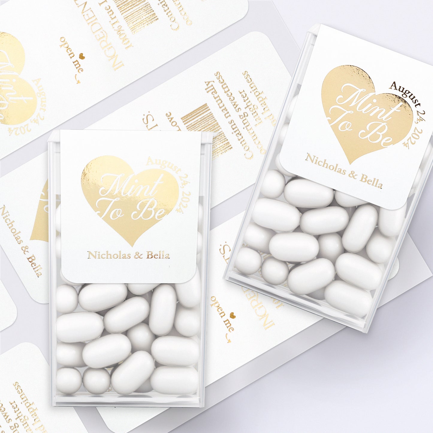 Stylish Mint to Be Tic Tac stickers in gold, rose gold, or silver foil with personalized couple names or wedding date, perfect for wedding favors and gift bags - XOXOKristen