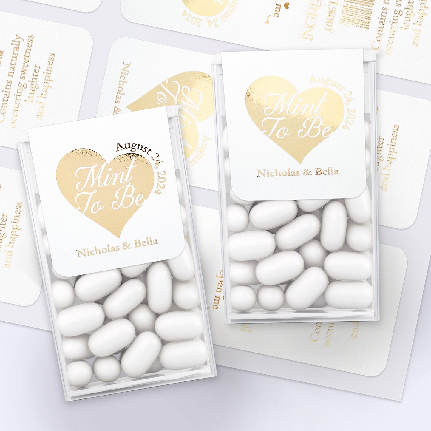 Stylish Mint to Be Tic Tac stickers in gold, rose gold, or silver foil with personalized couple names or wedding date, perfect for wedding favors and gift bags - XOXOKristen