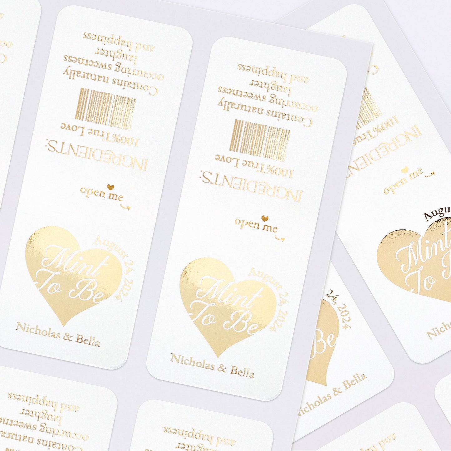 Stylish Mint to Be Tic Tac stickers in gold, rose gold, or silver foil with personalized couple names or wedding date, perfect for wedding favors and gift bags - XOXOKristen