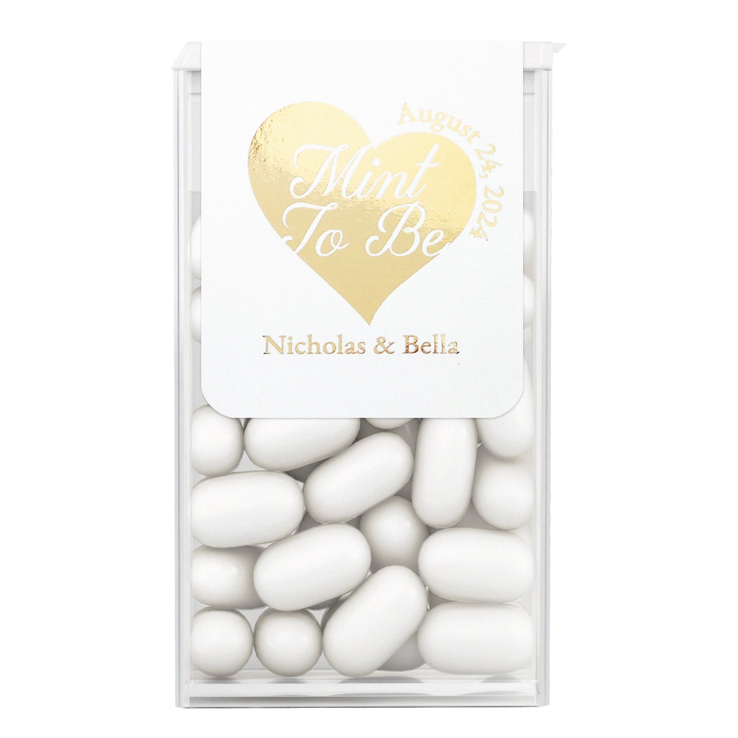 Stylish Mint to Be Tic Tac stickers in gold, rose gold, or silver foil with personalized couple names or wedding date, perfect for wedding favors and gift bags - XOXOKristen