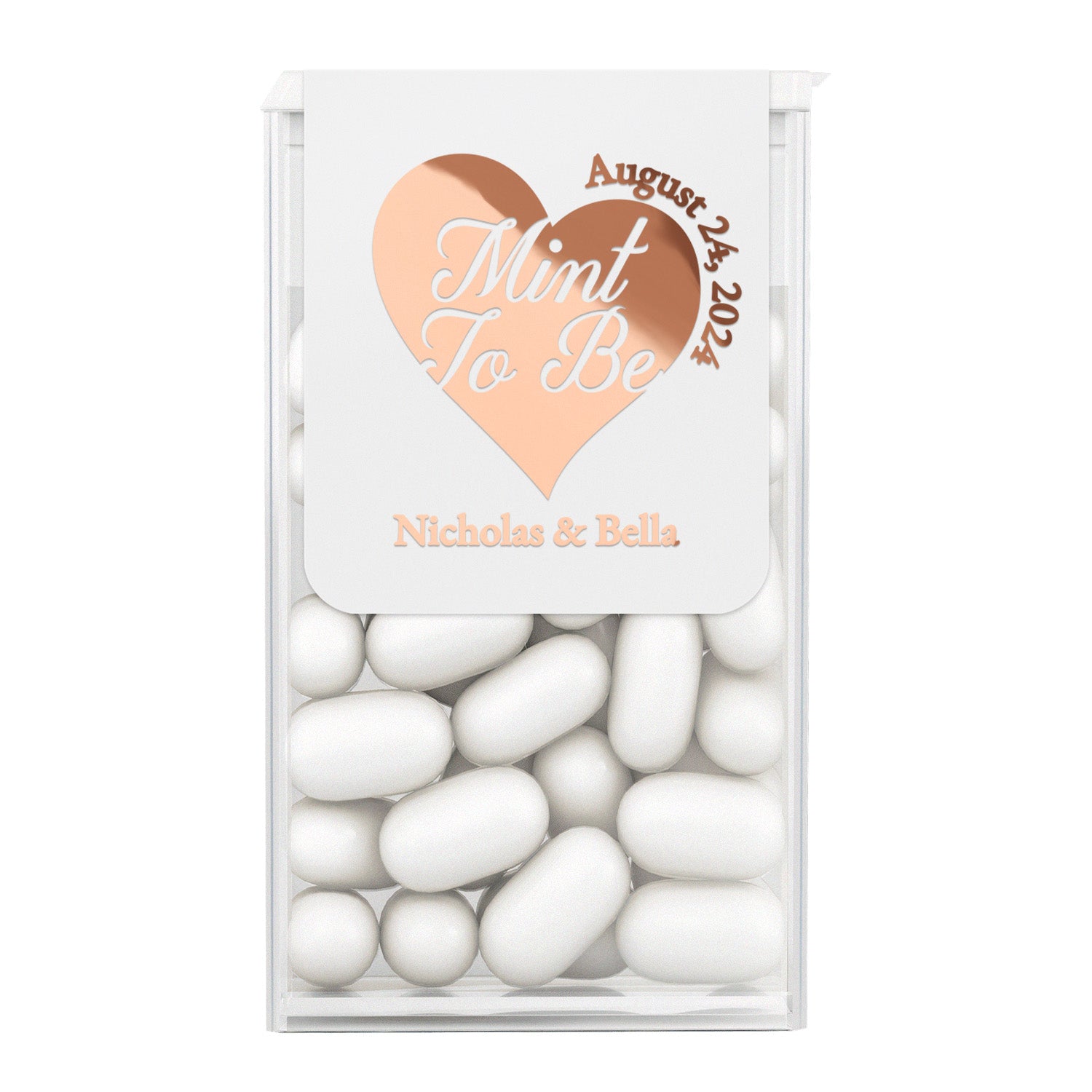 Custom personalized rose gold foiled mint to be wedding stickers for tic tacs with big bold heart, calligraphy stike "Mint to be", Wedding date and Custom names of the groom and bride