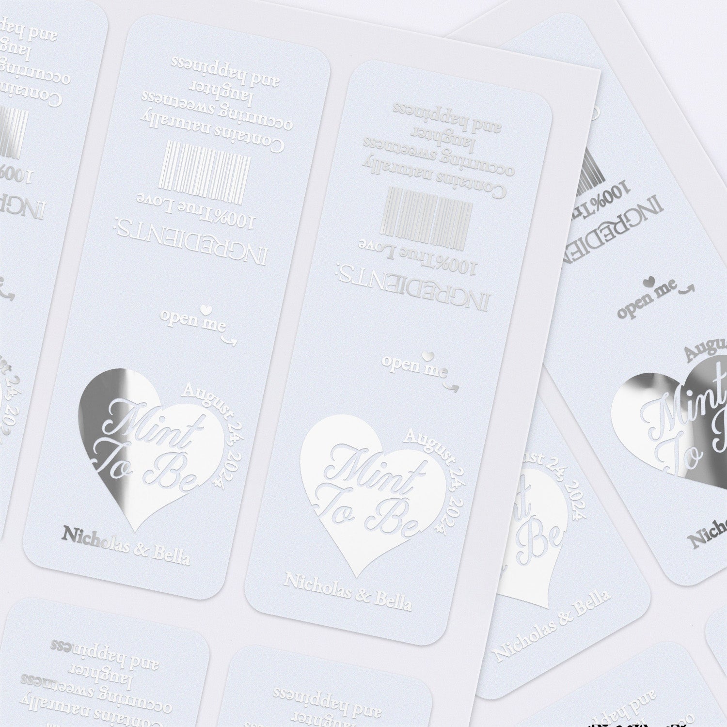 Printed sheets of personalized “Mint to Be” Tic Tac stickers in foil and black designs, custom wedding favor labels for elegant celebrations, XOXOKristen