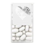 Custom personalized silver foiled “Mint to Be” wedding sticker for Tic Tac box, bold heart design with calligraphy script, wedding date and couple names, elegant wedding favor label
