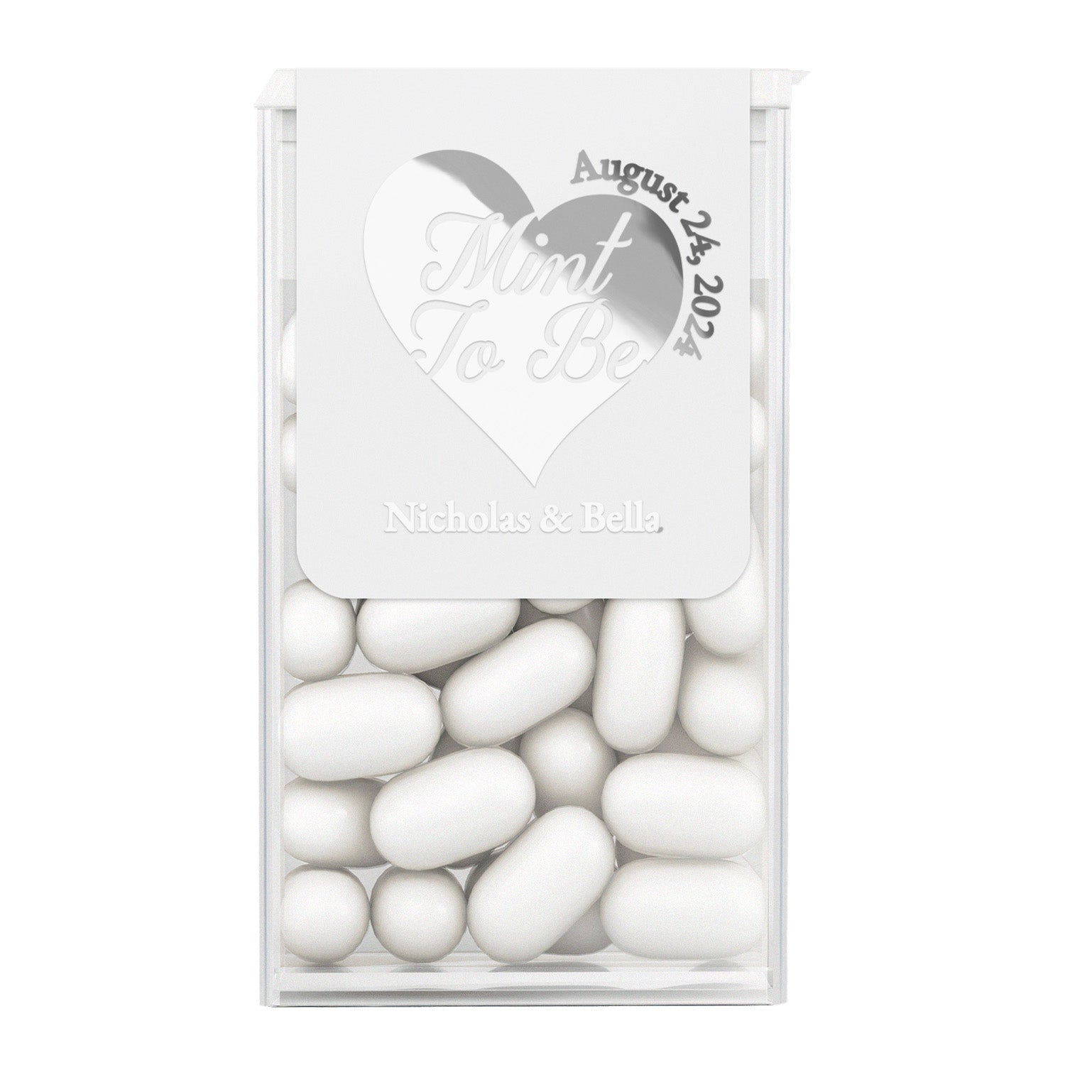 Custom personalized silver foiled “Mint to Be” wedding sticker for Tic Tac box, bold heart design with calligraphy script, wedding date and couple names, elegant wedding favor label