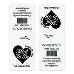 Custom personalized “Mint to Be” Tic Tac wedding sticker in silver foil, bold heart calligraphy design with wedding date and names, stylish favor label for weddings and parties