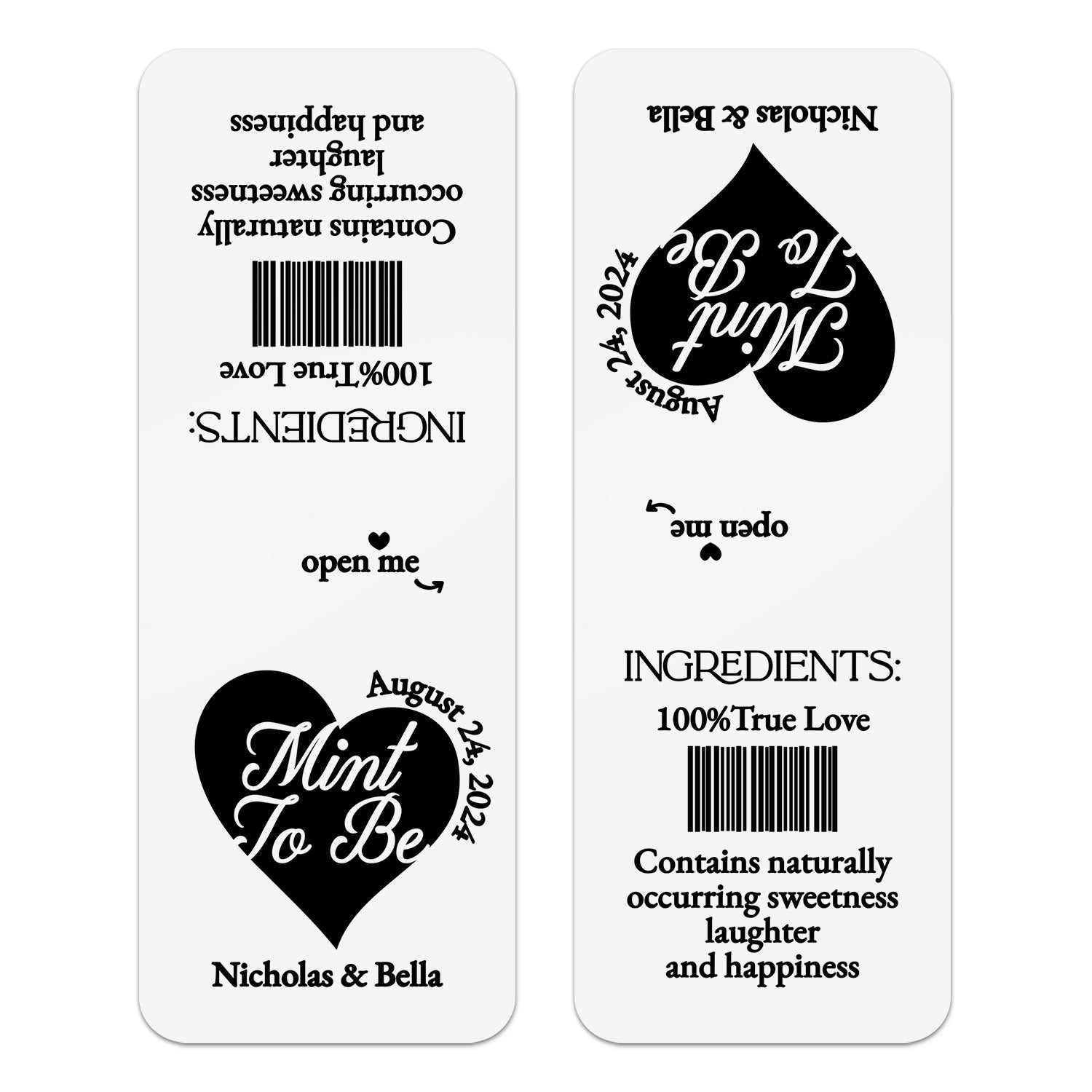 Custom personalized “Mint to Be” Tic Tac wedding sticker in silver foil, bold heart calligraphy design with wedding date and names, stylish favor label for weddings and parties