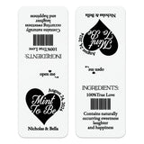 Custom personalized “Mint to Be” Tic Tac wedding sticker in silver foil, bold heart calligraphy design with wedding date and names, stylish favor label for weddings and parties