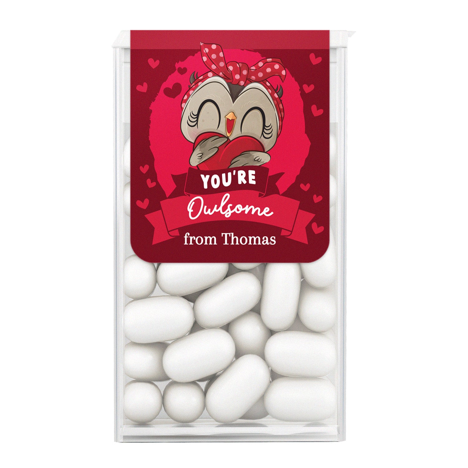 XOXOKristen Tic Tac favor sticker with cartoon owl holding a red heart, playful “You’re Owlsome” text, red background, hearts scattered – XOXOKristen