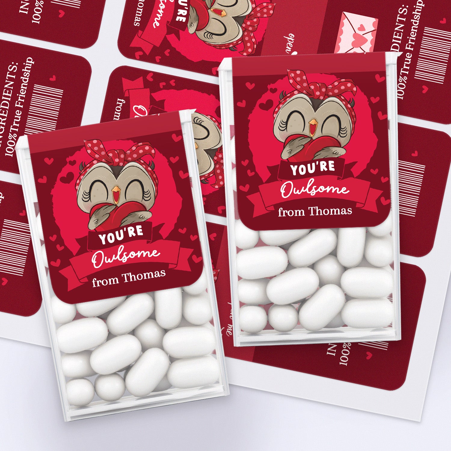 XOXOKristen classroom Valentine favors with multiple Tic Tac boxes decorated in owl-themed “You’re Owlsome” personalized stickers – XOXOKristen