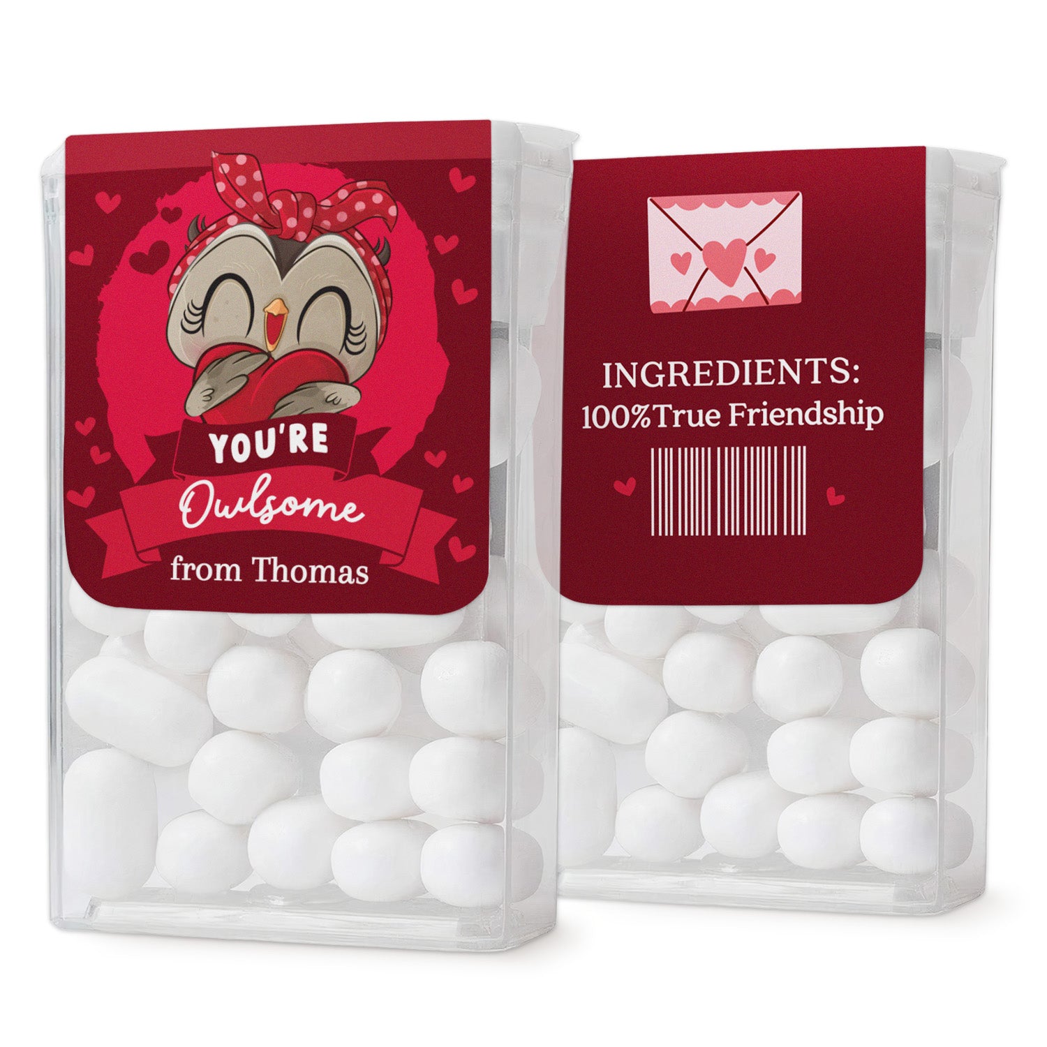 XOXOKristen front and back views of Valentine Tic Tac box stickers with owl design, red hearts, friendship ingredients text – XOXOKristen