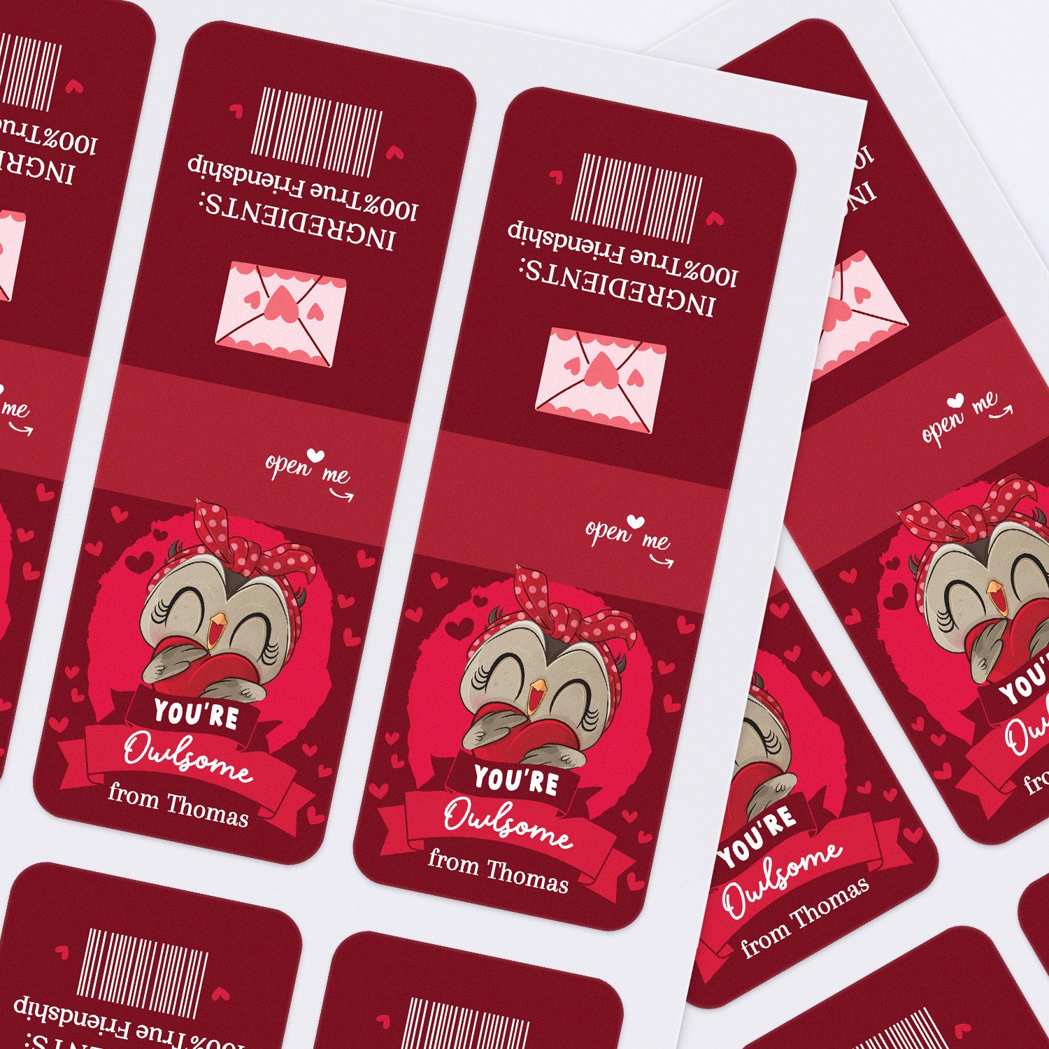 XOXOKristen printed sticker sheets featuring cute owl holding heart, “You’re Owlsome” Valentine message, red and pink tones – XOXOKristen