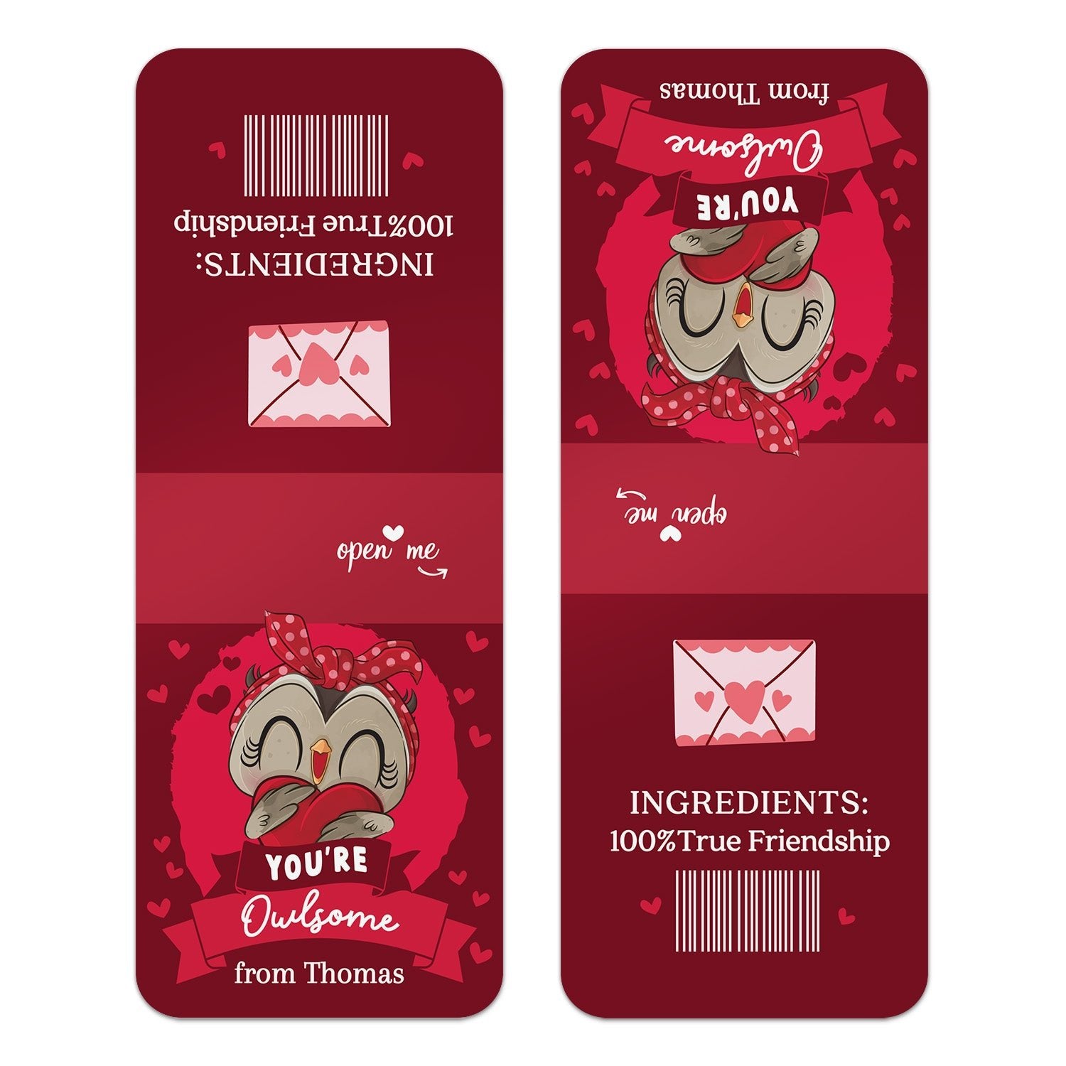 XOXOKristen close-up of personalized Valentine favor sticker with cartoon owl, playful red banner, and love-themed accents – XOXOKristen