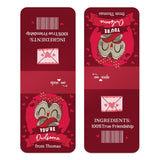 XOXOKristen close-up of personalized Valentine favor sticker with cartoon owl, playful red banner, and love-themed accents – XOXOKristen