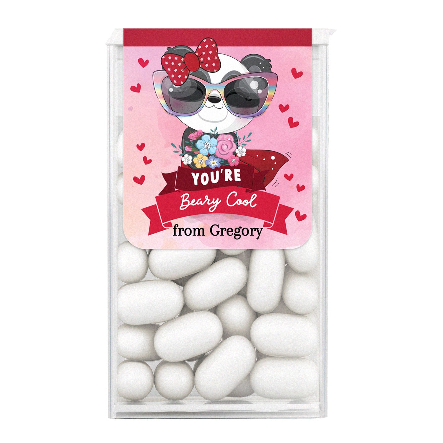 XOXOKristen Tic Tac box sticker with cartoon panda bear wearing red bow and sunglasses, “You’re Beary Cool” text, pink background with hearts – XOXOKristen
