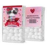 XOXOKristen front and back view of Tic Tac favor stickers with panda bear, rainbow sunglasses, red banner, and friendship ingredients text – XOXOKristen