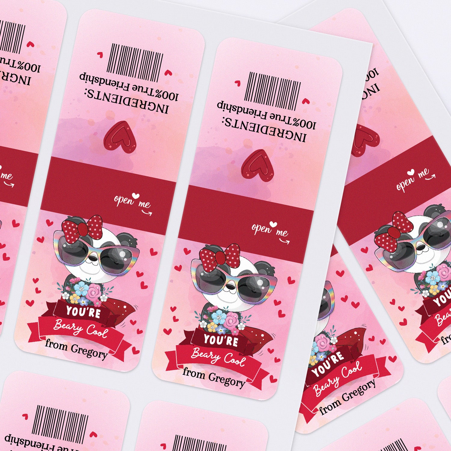 XOXOKristen printed sticker sheets with panda bear holding flowers, “You’re Beary Cool” text, and Valentine pink color scheme – XOXOKristen