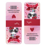 XOXOKristen close-up of personalized panda Valentine favor sticker with red bow, sunglasses, and scattered hearts – XOXOKristen