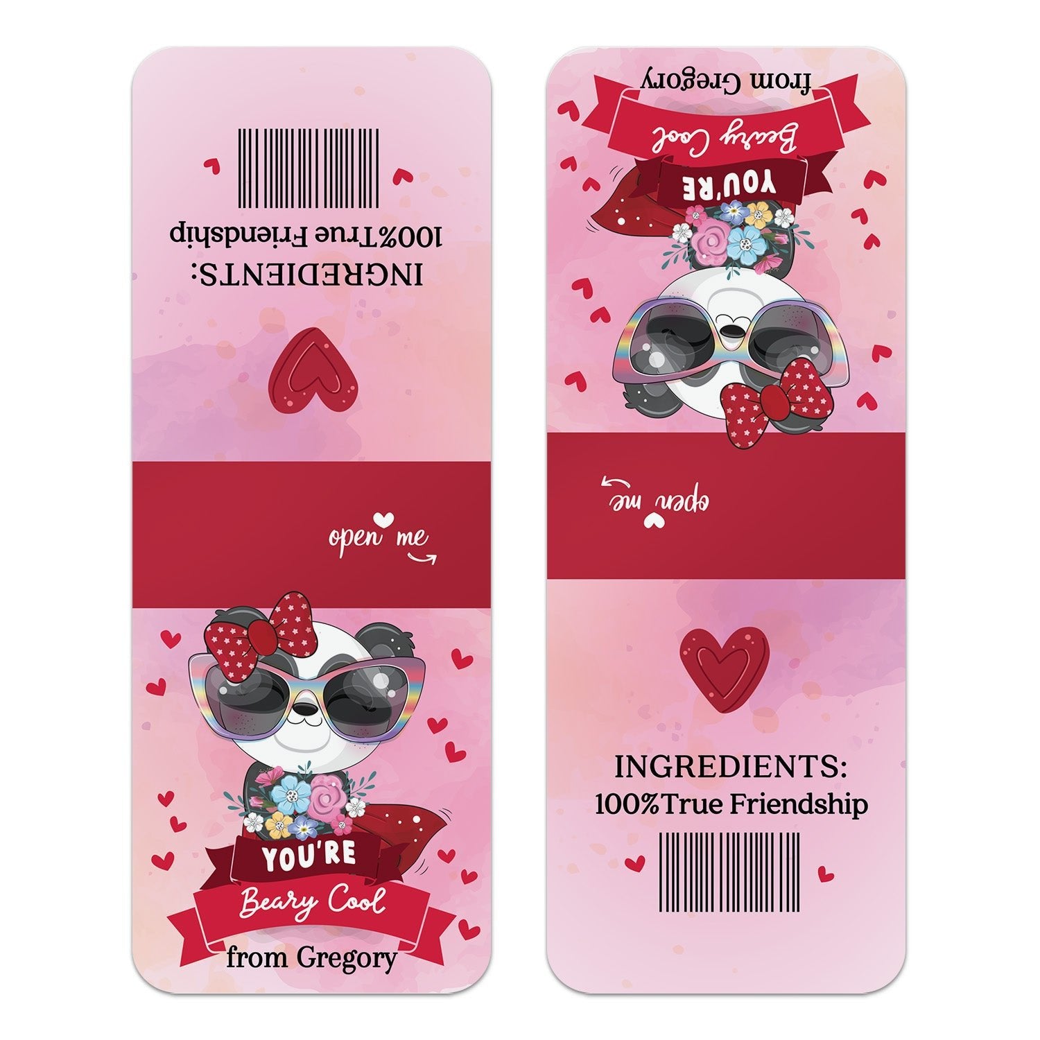 XOXOKristen close-up of personalized panda Valentine favor sticker with red bow, sunglasses, and scattered hearts – XOXOKristen
