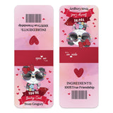 XOXOKristen close-up of personalized panda Valentine favor sticker with red bow, sunglasses, and scattered hearts – XOXOKristen