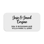 Personalized rectangular clear transparent return address label in black print on white background, elegant script for names with bold address text - XOXOKristen