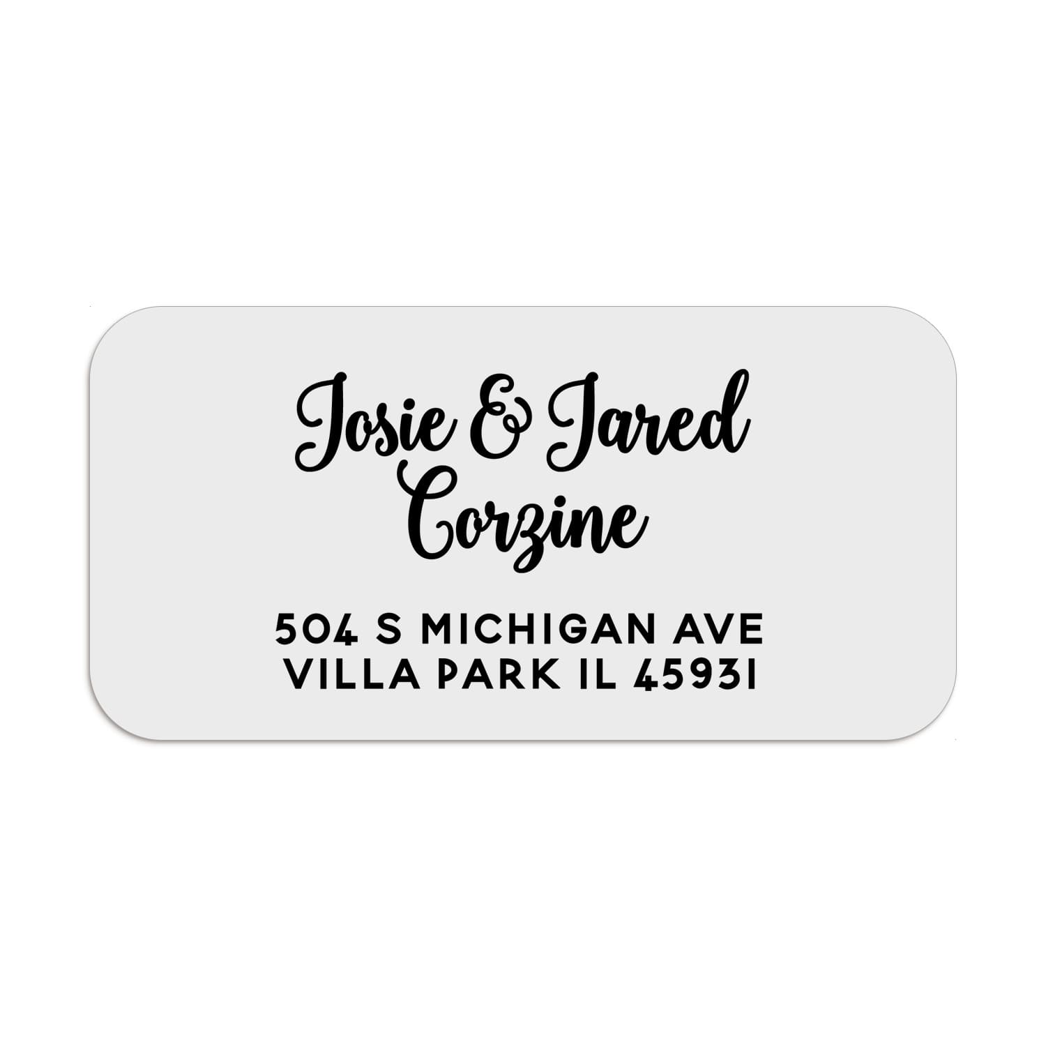 Personalized rectangular clear transparent return address label in black print on white background, elegant script for names with bold address text - XOXOKristen
