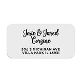 Personalized rectangular clear transparent return address label in black print on white background, elegant script for names with bold address text - XOXOKristen