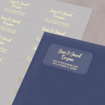 Gold foil personalized return address stickers on sheet, elegant shimmer print used as envelope seal for mail - XOXOKristen