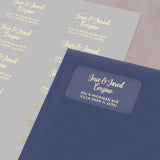 Gold foil personalized return address stickers on sheet, elegant shimmer print used as envelope seal for mail - XOXOKristen