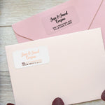 Rose gold foil custom address labels on blush pink envelopes, script and serif font combination for mailing use - XOXOKristen