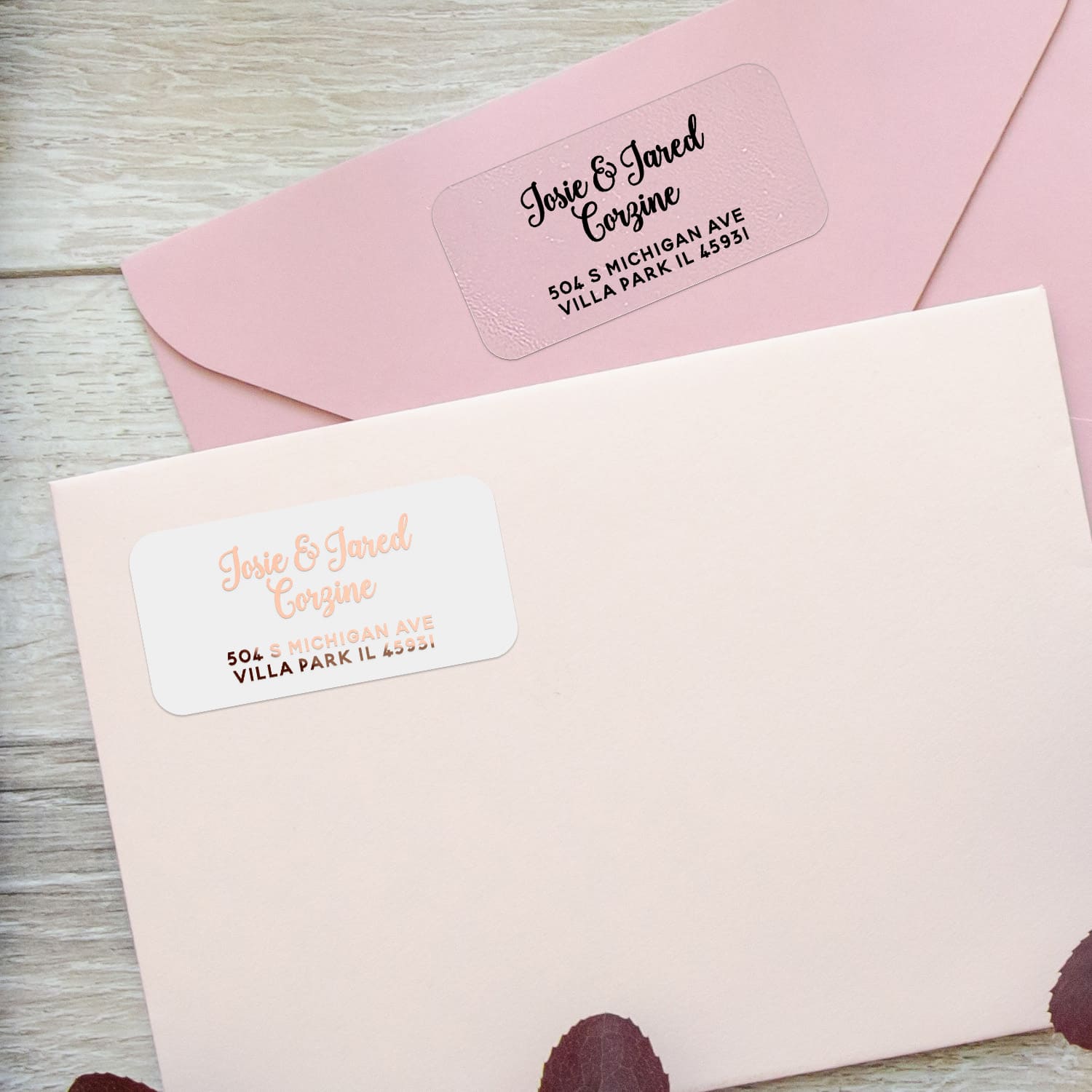 Rose gold foil custom address labels on blush pink envelopes, script and serif font combination for mailing use - XOXOKristen