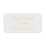 Silver foil rectangular address stickers with personalized text, shown on white sheet for wedding invitations - XOXOKristen