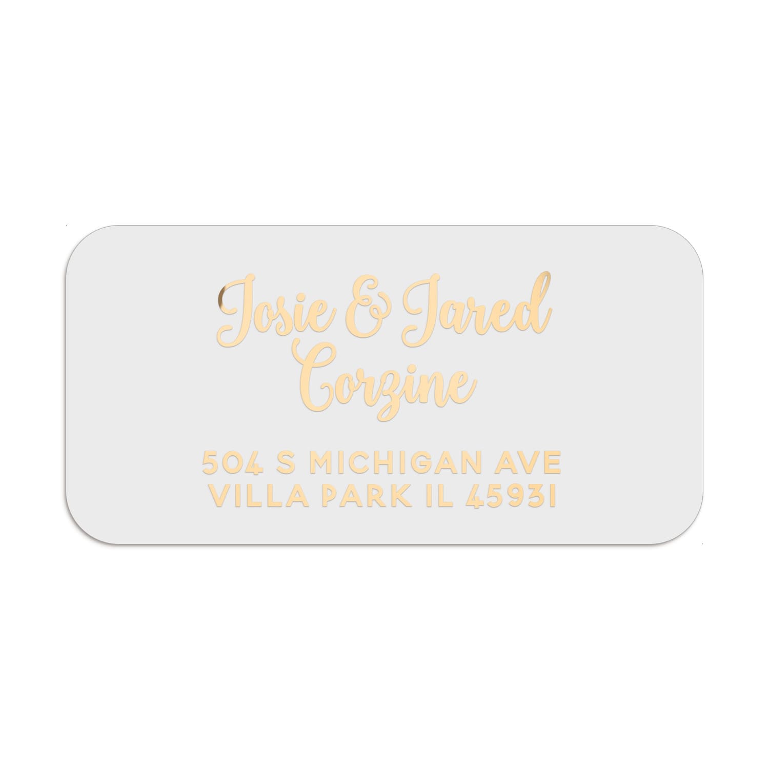 Silver foil rectangular address stickers with personalized text, shown on white sheet for wedding invitations - XOXOKristen