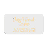 Silver foil rectangular address stickers with personalized text, shown on white sheet for wedding invitations - XOXOKristen
