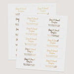 Sheet of assorted custom return address labels in metallic finishes, ready for mailing wedding invitations - XOXOKristen