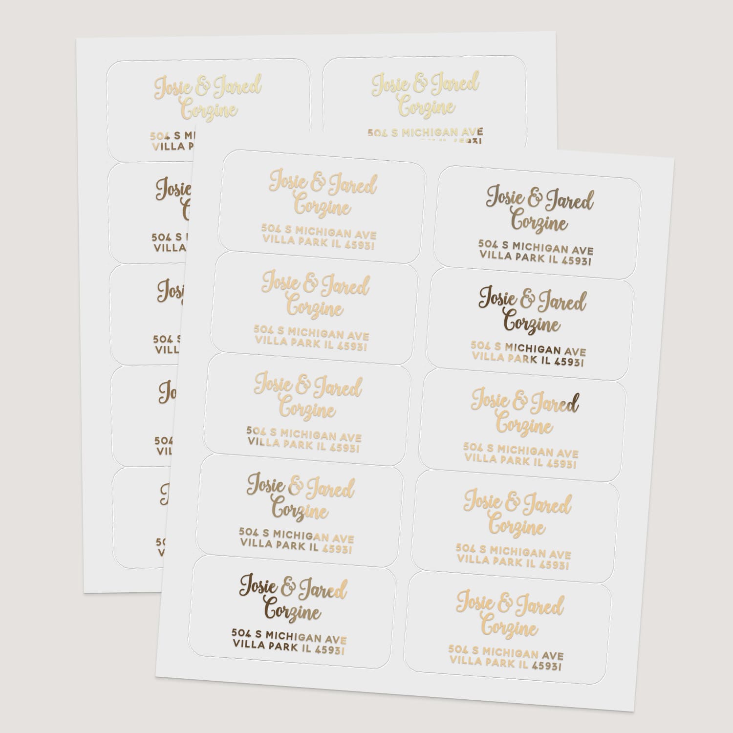 Sheet of assorted custom return address labels in metallic finishes, ready for mailing wedding invitations - XOXOKristen