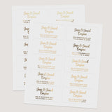 Sheet of assorted custom return address labels in metallic finishes, ready for mailing wedding invitations - XOXOKristen