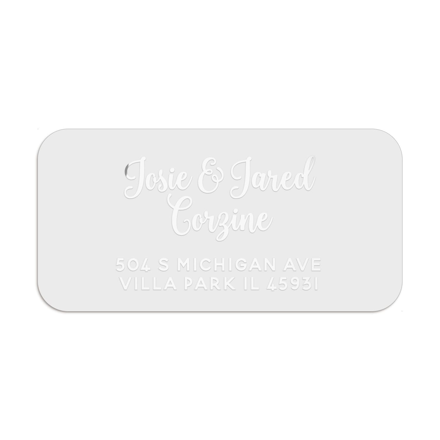 Personalized rectangular label in silver foil with script names and block address