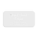 Personalized rectangular label in silver foil with script names and block address