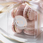 XOXOKristen custom clear wedding favor sticker with metallic foil on macaron box, luxury round seal for bridal shower and save the date packaging.